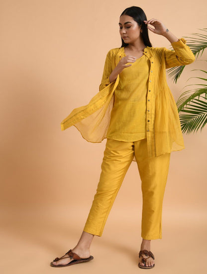 Yellow Cotton Dobby Shirt with Slip (Set of 2) Top The Neem Tree Sonal Kabra Buy Shop online premium luxury fashion clothing natural fabrics sustainable organic hand made handcrafted artisans craftsmen