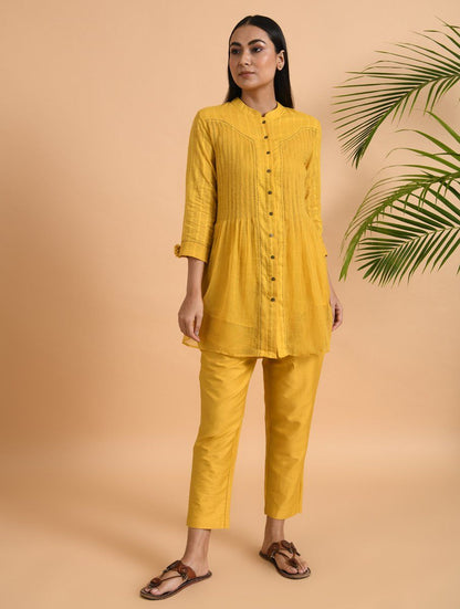 Yellow Cotton Dobby Shirt with Slip (Set of 2) Top The Neem Tree Sonal Kabra Buy Shop online premium luxury fashion clothing natural fabrics sustainable organic hand made handcrafted artisans craftsmen