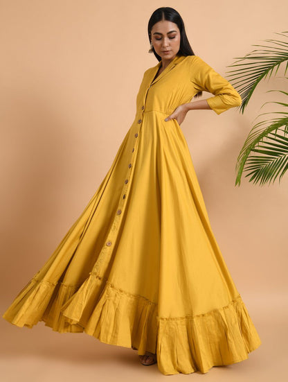 Yellow Cotton Silk Jacket Dress Dress The Neem Tree Sonal Kabra Buy Shop online premium luxury fashion clothing natural fabrics sustainable organic hand made handcrafted artisans craftsmen