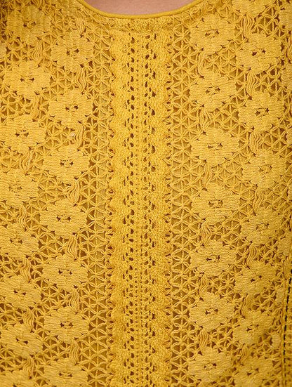 Yellow Lace Trimmed Double layered Dress Dress The Neem Tree Sonal Kabra Buy Shop online premium luxury fashion clothing natural fabrics sustainable organic hand made handcrafted artisans craftsmen