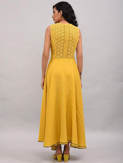 Yellow Lace Trimmed Double layered Dress Dress The Neem Tree Sonal Kabra Buy Shop online premium luxury fashion clothing natural fabrics sustainable organic hand made handcrafted artisans craftsmen