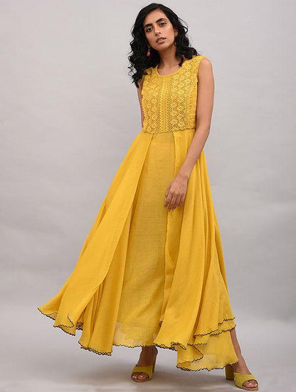 Yellow Lace Trimmed Double layered Dress Dress The Neem Tree Sonal Kabra Buy Shop online premium luxury fashion clothing natural fabrics sustainable organic hand made handcrafted artisans craftsmen