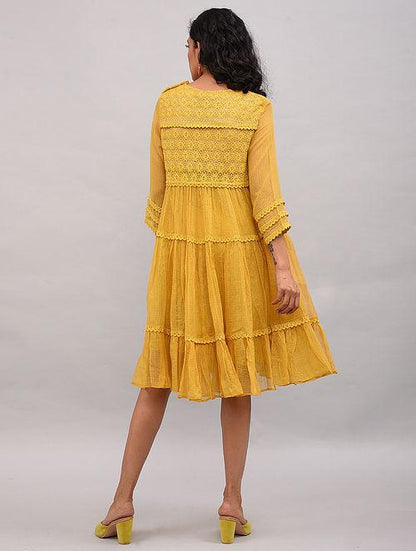 Yellow Lace Trimmed Kota Dress Dress The Neem Tree Sonal Kabra Buy Shop online premium luxury fashion clothing natural fabrics sustainable organic hand made handcrafted artisans craftsmen