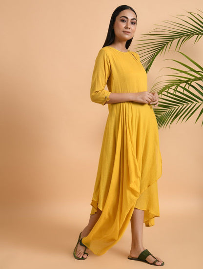 Yellow overlap drape dress Dress The Neem Tree Sonal Kabra Buy Shop online premium luxury fashion clothing natural fabrics sustainable organic hand made handcrafted artisans craftsmen