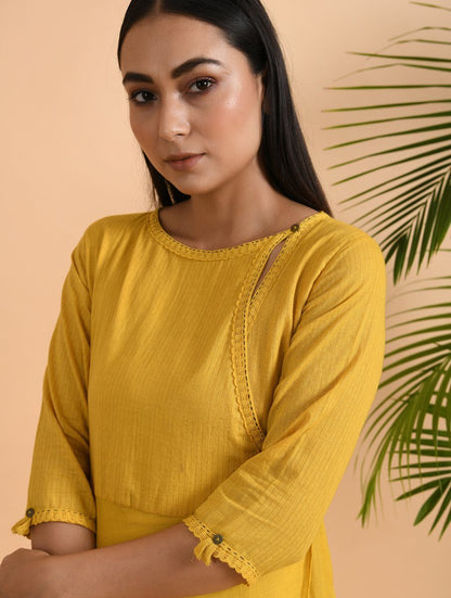 Yellow overlap drape dress Dress The Neem Tree Sonal Kabra Buy Shop online premium luxury fashion clothing natural fabrics sustainable organic hand made handcrafted artisans craftsmen