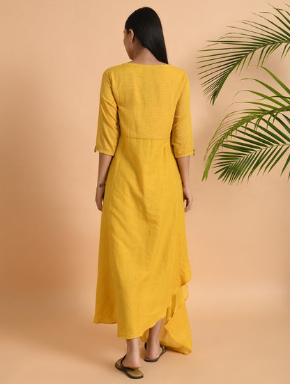 Yellow overlap drape dress Dress The Neem Tree Sonal Kabra Buy Shop online premium luxury fashion clothing natural fabrics sustainable organic hand made handcrafted artisans craftsmen