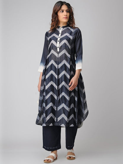 Zigzag kurta-Indigo Kurta Sonal Kabra Sonal Kabra Buy Shop online premium luxury fashion clothing natural fabrics sustainable organic hand made handcrafted artisans craftsmen