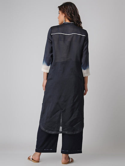 Zigzag kurta-Indigo Kurta Sonal Kabra Sonal Kabra Buy Shop online premium luxury fashion clothing natural fabrics sustainable organic hand made handcrafted artisans craftsmen