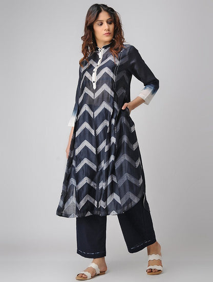 Zigzag kurta-Indigo Kurta Sonal Kabra Sonal Kabra Buy Shop online premium luxury fashion clothing natural fabrics sustainable organic hand made handcrafted artisans craftsmen