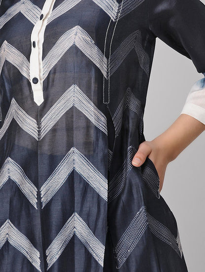 Zigzag kurta-Indigo Kurta Sonal Kabra Sonal Kabra Buy Shop online premium luxury fashion clothing natural fabrics sustainable organic hand made handcrafted artisans craftsmen