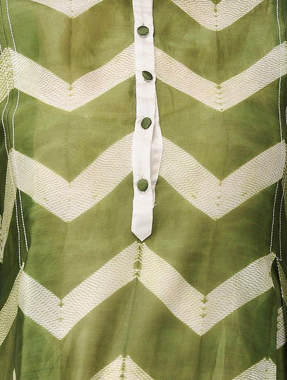 Zigzag shibori kurta-Olive Kurta Sonal Kabra Sonal Kabra Buy Shop online premium luxury fashion clothing natural fabrics sustainable organic hand made handcrafted artisans craftsmen