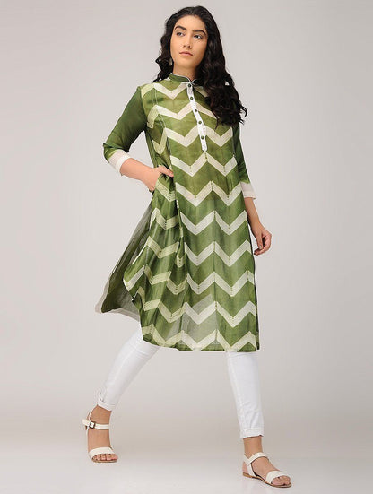 Zigzag shibori kurta-Olive Kurta Sonal Kabra Sonal Kabra Buy Shop online premium luxury fashion clothing natural fabrics sustainable organic hand made handcrafted artisans craftsmen