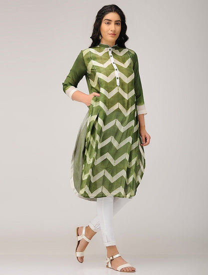 Zigzag shibori kurta-Olive Kurta Sonal Kabra Sonal Kabra Buy Shop online premium luxury fashion clothing natural fabrics sustainable organic hand made handcrafted artisans craftsmen