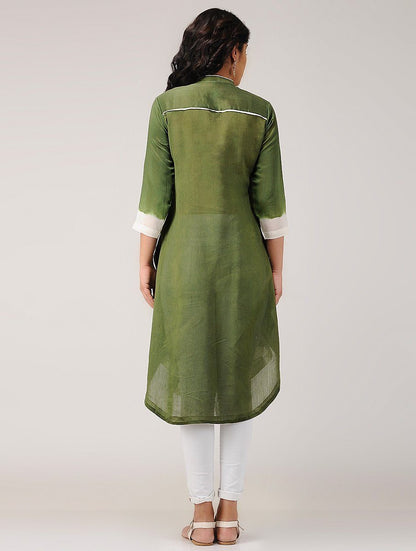 Zigzag shibori kurta-Olive Kurta Sonal Kabra Sonal Kabra Buy Shop online premium luxury fashion clothing natural fabrics sustainable organic hand made handcrafted artisans craftsmen